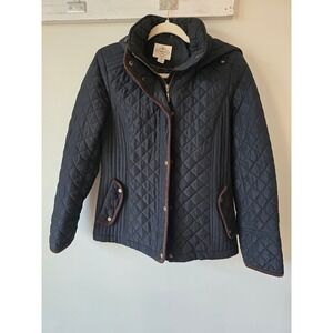 St Johns Bay Quilted Hooded Jacket Womens Size S Black Corduroy Trim Pocket Snap